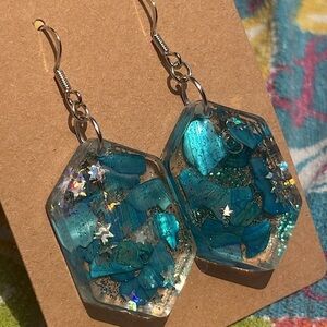 Glittery Blue Stones and Silver Stars Dangle Earrings